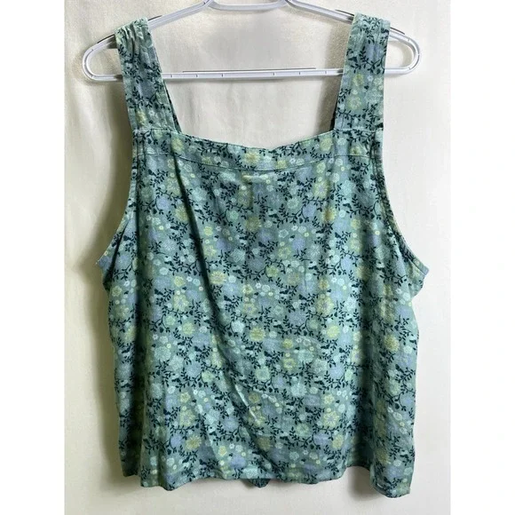 Sonoma Womens L Linen Tank Top Square Neck Tie Button Olive Blue Floral Boho - Picture 6 of 8
